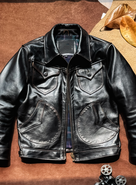 门多萨茶芯值揉马皮皮衣RL农场主美式复古男机车翻领真皮皮衣外套