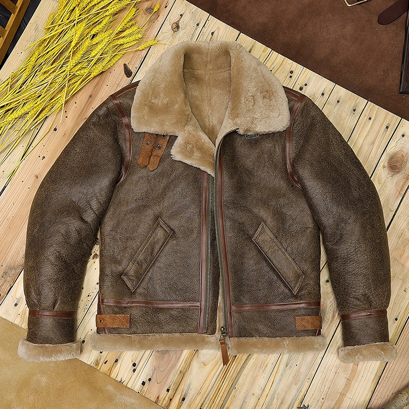 B3羊皮毛一体复古翻领真皮皮衣