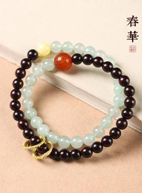 国潮原创古风气质素雅女款双圈原创紫檀木混搭东陵玉珠手链玛瑙饰