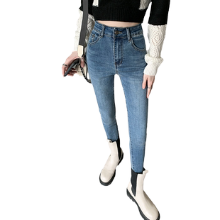 高腰牛仔裤女紧身显瘦2024年秋季新款大码小脚修身九分加绒铅笔裤