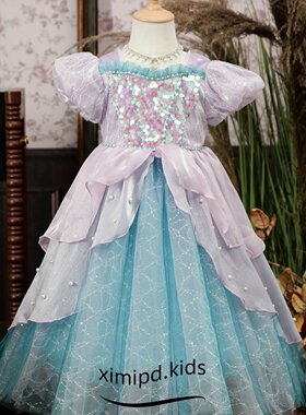原创爱丽儿女童美人鱼公主裙短袖生日礼服紫色连衣裙网纱蓬蓬裙夏