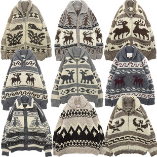 古着vintage孤品北欧厚实粗线加拿大印第安麋鹿外套羊毛衣B73