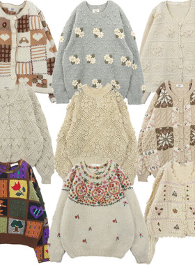 古着毛衣vintage复古手工编织重磅立体钩花羊毛开衫小清新甜美B64