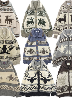 古着vintage孤品北欧厚实粗线加拿大印第安麋鹿外套羊毛衣B71