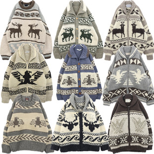 古着vintage孤品北欧厚实粗线加拿大印第安麋鹿外套羊毛衣B71