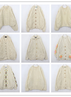 古着Vintage复古白色粗毛线毛衣清纯简约少女麻花森系羊毛衫B86
