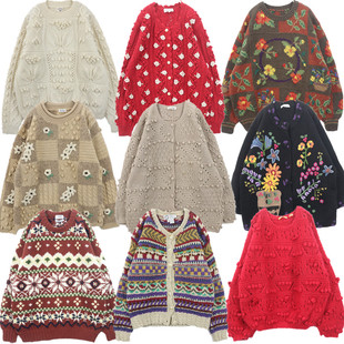 古着毛衣vintage复古手工编织重磅立体钩花羊毛开衫小清新甜美B61