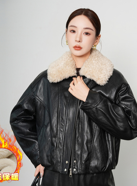 CanterKitten正品海宁真皮皮衣女短款大毛领加绒绵羊皮夹克外套冬