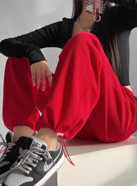 大红色休闲运动安克拉裤子女秋冬高个子加长显瘦阔腿裤束脚卫裤