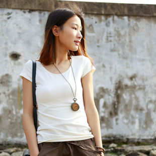 森木复古夏装新款女装纯色圆领短袖百搭t恤 有机棉休闲女上衣