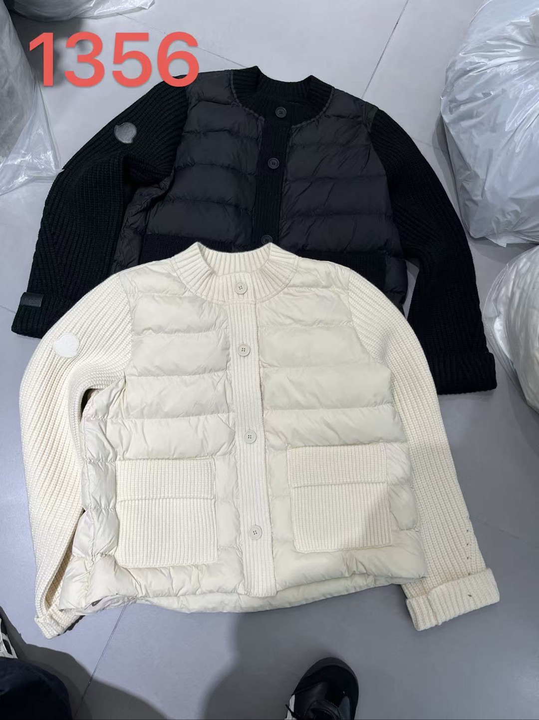 欧货1356时尚高级感宽松显瘦针织拼接袖圆领90白鹅绒羽绒服外套女