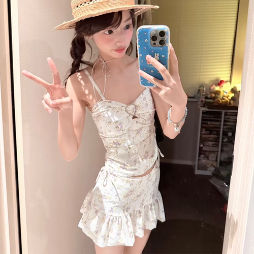 韩系新款碎花小清新可爱分体裙式泳衣度假温泉小胸显瘦