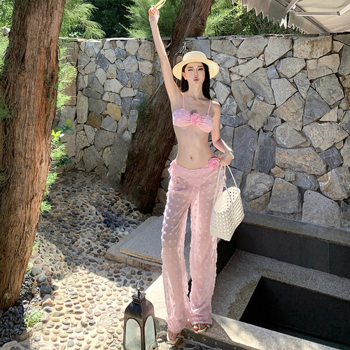 韩系度假比基尼三件套纯欲粉色超仙女高级感长裤泳衣显腿长超出片