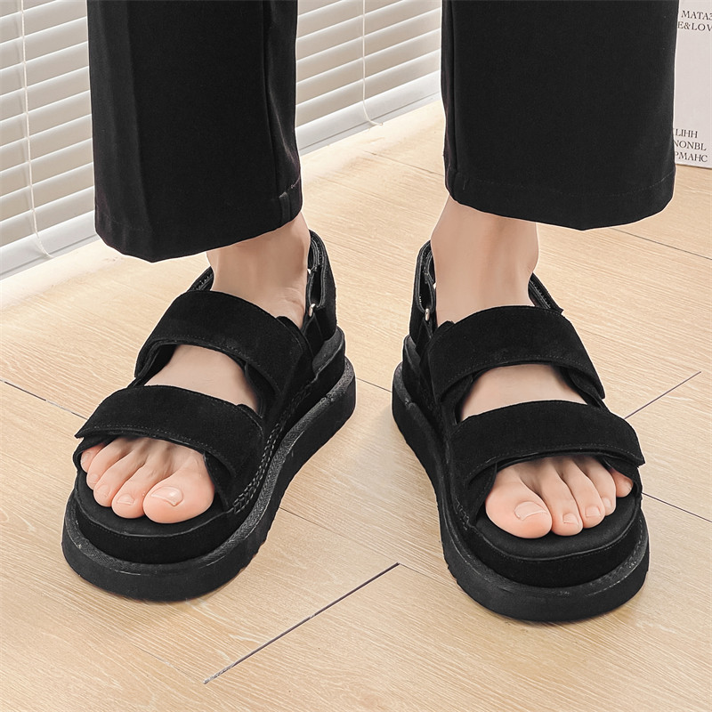 새로운 벨크로 로마 샌들 남성 여름 두꺼운 밑창 다목적 야외 스포츠 커플 가죽 비치 샌들