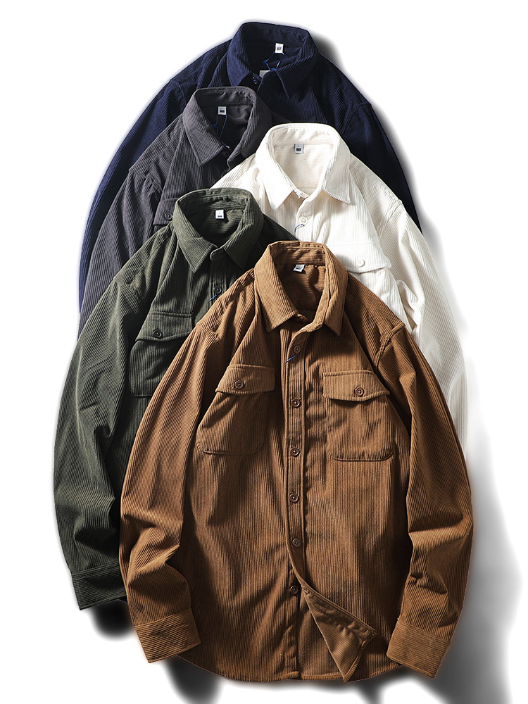 美式复古灯芯绒衬衫男士秋冬款修身长袖工装外套外贸牛货休闲衬衣