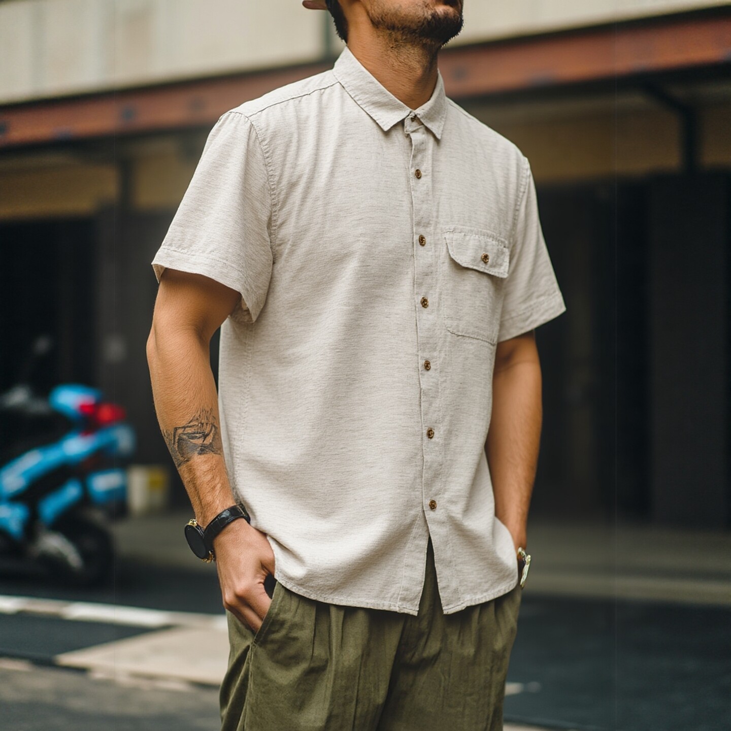 日系复古老钱风天丝莱赛尔亚麻衬衫男短袖夏薄款外贸男装休闲衬衣