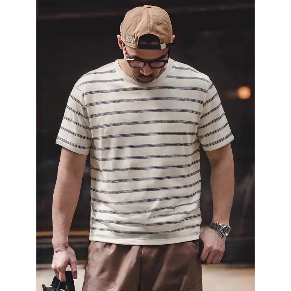 美式复古圆领针织条纹短袖T恤