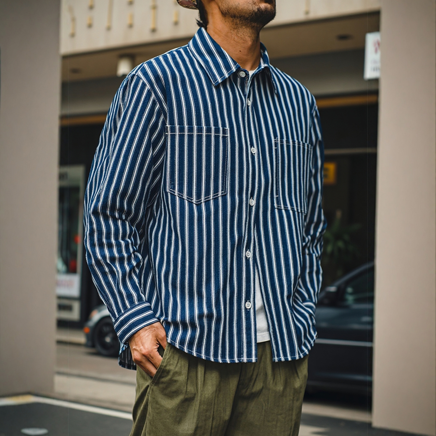 阿美咔叽美式重磅条纹牛仔衬衫