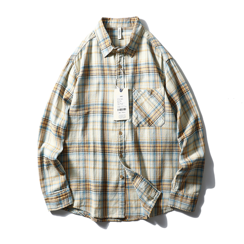 美式复古纯棉磨毛格子衬衫长袖