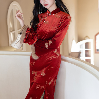 新中式红色旗袍女秋冬季加绒订婚