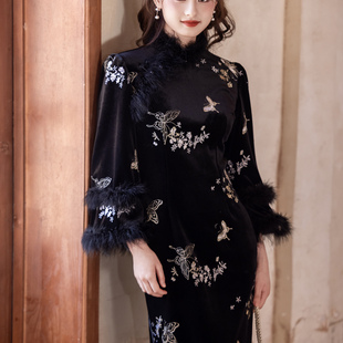 收腰名媛气质长裙 高端大气修身 新中式 黑色刺绣金丝绒旗袍女冬长袖
