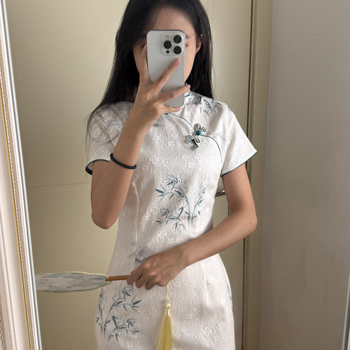 波尔菲白色新中式改良短袖旗袍女