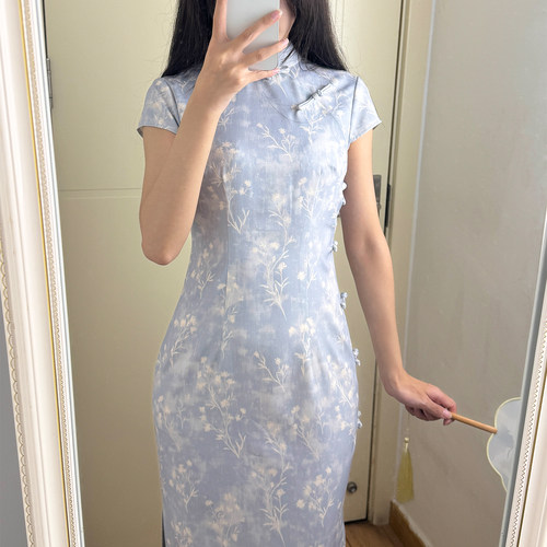 波尔菲新中式改良短袖修身旗袍女