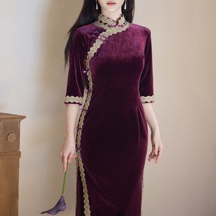 收腰日常绝美连衣裙 七分袖 新中式 高端复古风紫色长旗袍女春秋新款