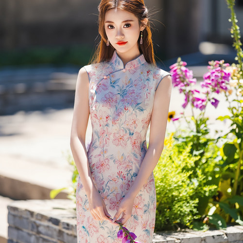波尔菲新中式无袖修身旗袍女夏季