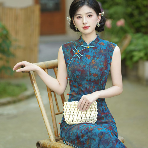 波尔菲蓝色复古新中式无袖旗袍女
