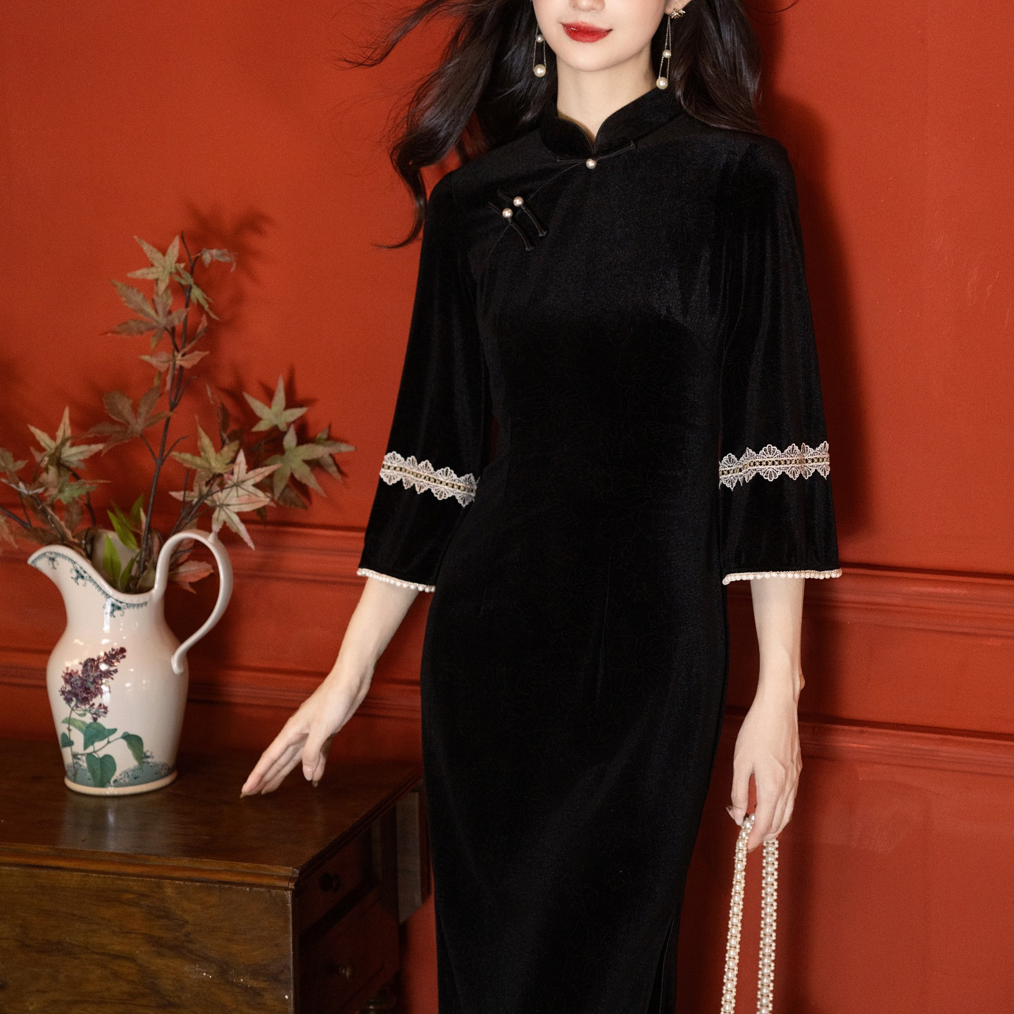 喇叭袖高级感新中式黑色改良旗袍年轻款女国风复古修身长袖春秋装,女装/女士精品,旗袍,淘宝优惠券,粉丝福利购,淘宝优惠卷