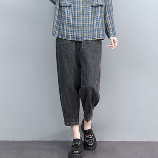 大码宽松新款2025哈伦裤薄款牛仔裤风八分裤夏季女高腰长裤松紧腰