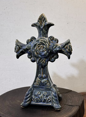 外贸孤品vintage中古克罗心十字架玫瑰花雕花装饰复古做旧摆件