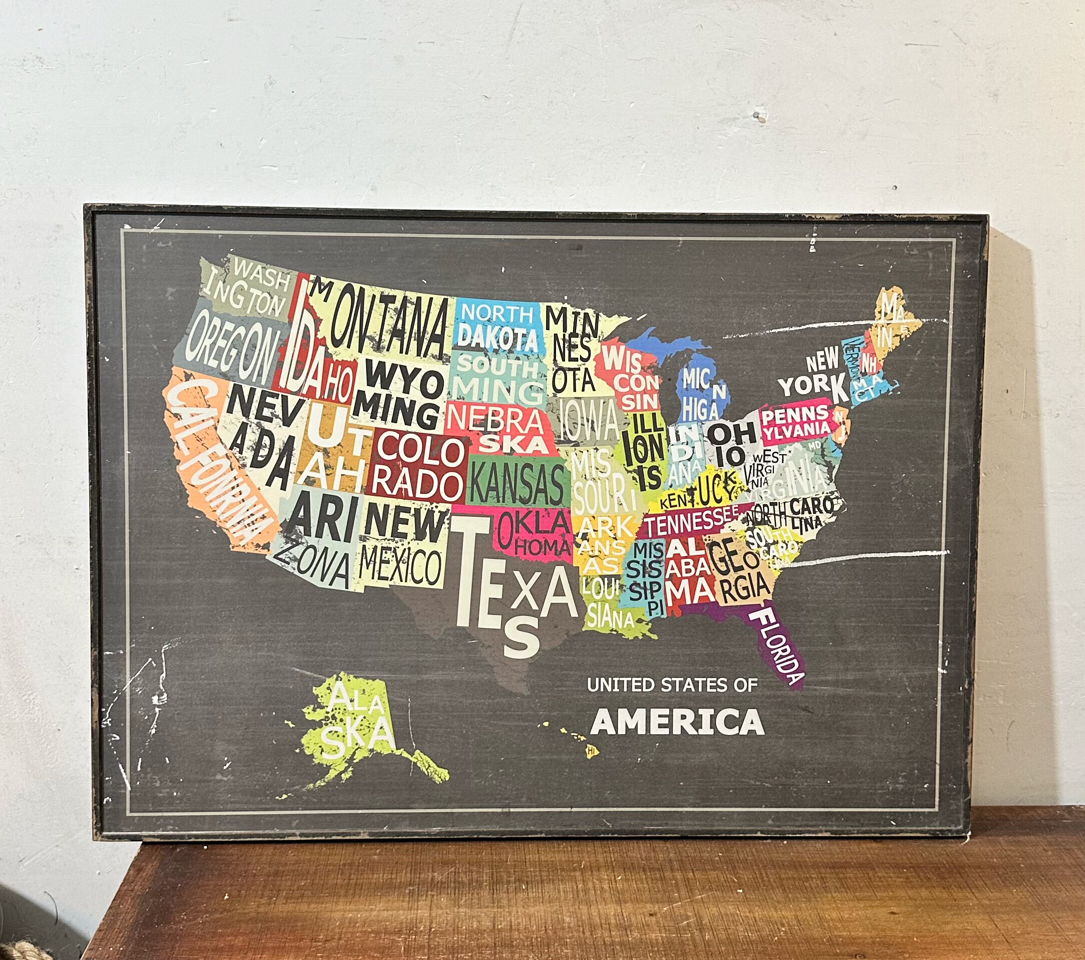 孤品vintage美国地图装饰画 美式复古做旧风格壁饰挂画