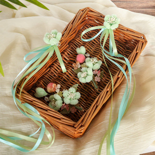 古风仙气绿色小清新扭扭棒发夹长飘带对夹古装汉服日常甜美配饰