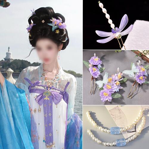 原创浅紫色小唐风超仙汉服古风飘带灵动款花神头饰古风汉服花朵叉