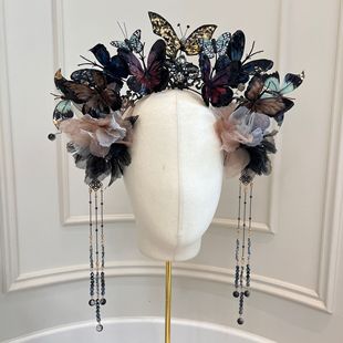 古风汉服新款枯叶蝶绢花发箍复古暗黑系蝴蝶发饰超仙发饰汉服头饰