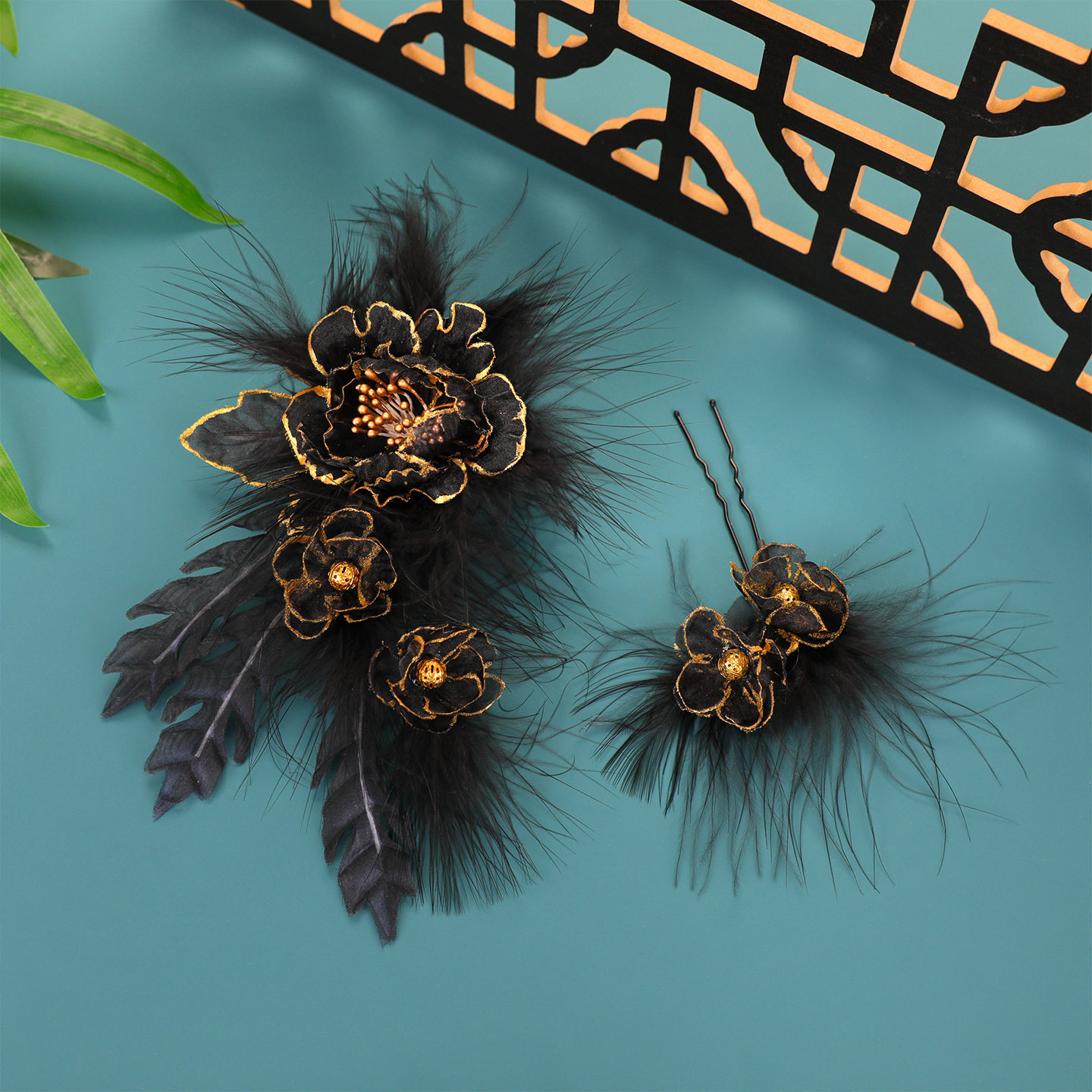 25新款原创设计手工制作烫金暗黑色牡丹妆造配饰羽毛发夹汉服头饰