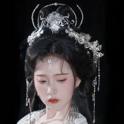 镀银流苏羽毛头饰神女古风发冠发饰整套汉服古装配饰步摇前额发夹