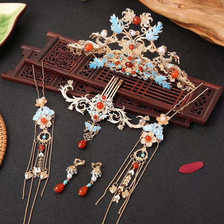 汉服古风头饰景泰蓝流苏发钗步摇发簪插梳盘发饰品簪子古装配饰品