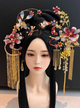 汉服红色系头饰古风新娘婚服流苏步摇发钗西域舞姬舞娘发饰套装