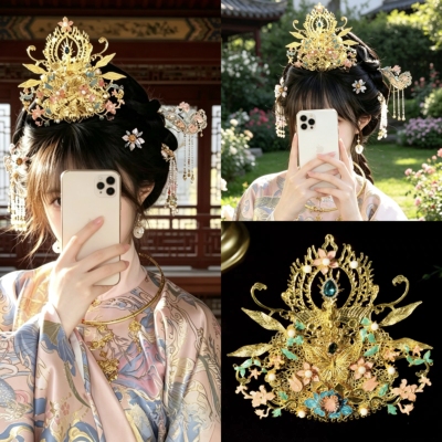 小唐风粉色汉服发冠超仙爆款饰品故宫国风款明制华丽凤冠古风头饰