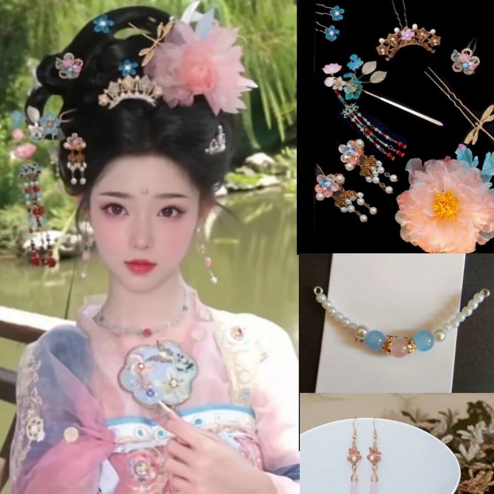 古风汉服烫花粉色发夹甜美可爱古代配饰毛绒发夹珍珠发钗流苏百搭