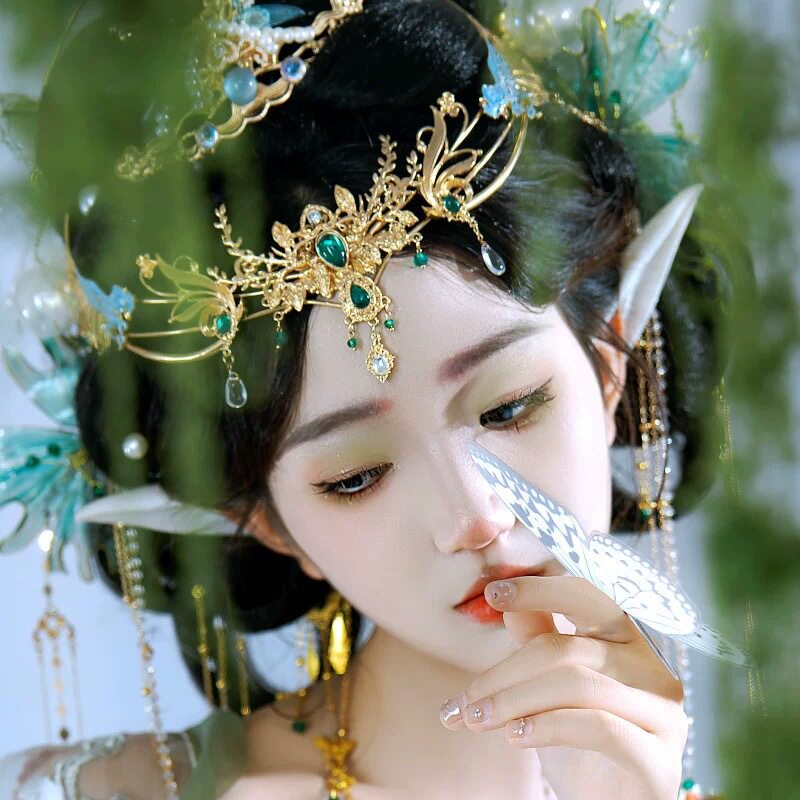 古风公主暗黑墨绿异域风情发冠额饰璎珞眉心坠圣母女汉服人鱼头饰
