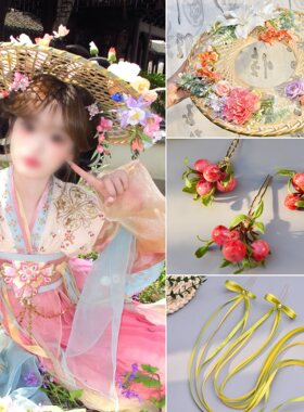 汉服古风小斗笠帷帽套装成品粉紫色绢花百搭懒人写真拍摄懒人饰品