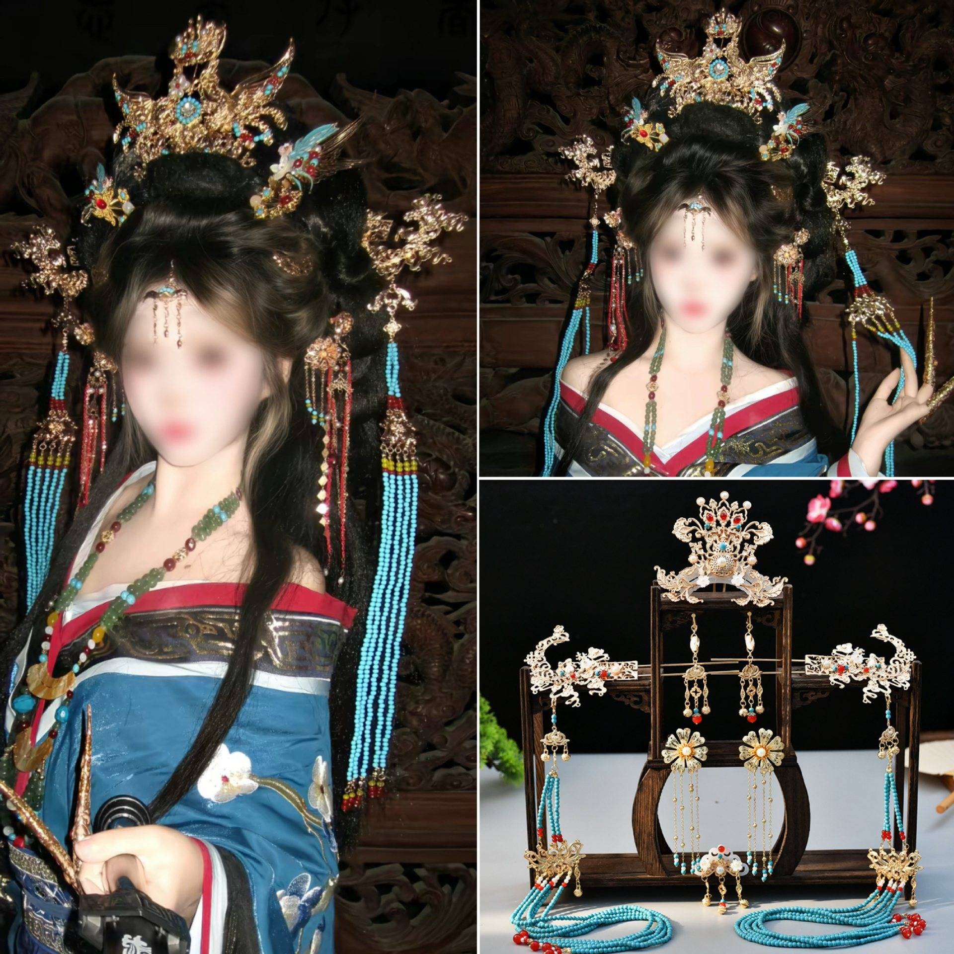 贵女大套装宫廷烧蓝凤冠套装战国袍发饰汉服古风发饰手工唐风凤冠
