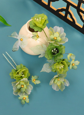 原创设计纯手工古风超仙高级感唐风绿色汉服头饰发夹烫花发饰