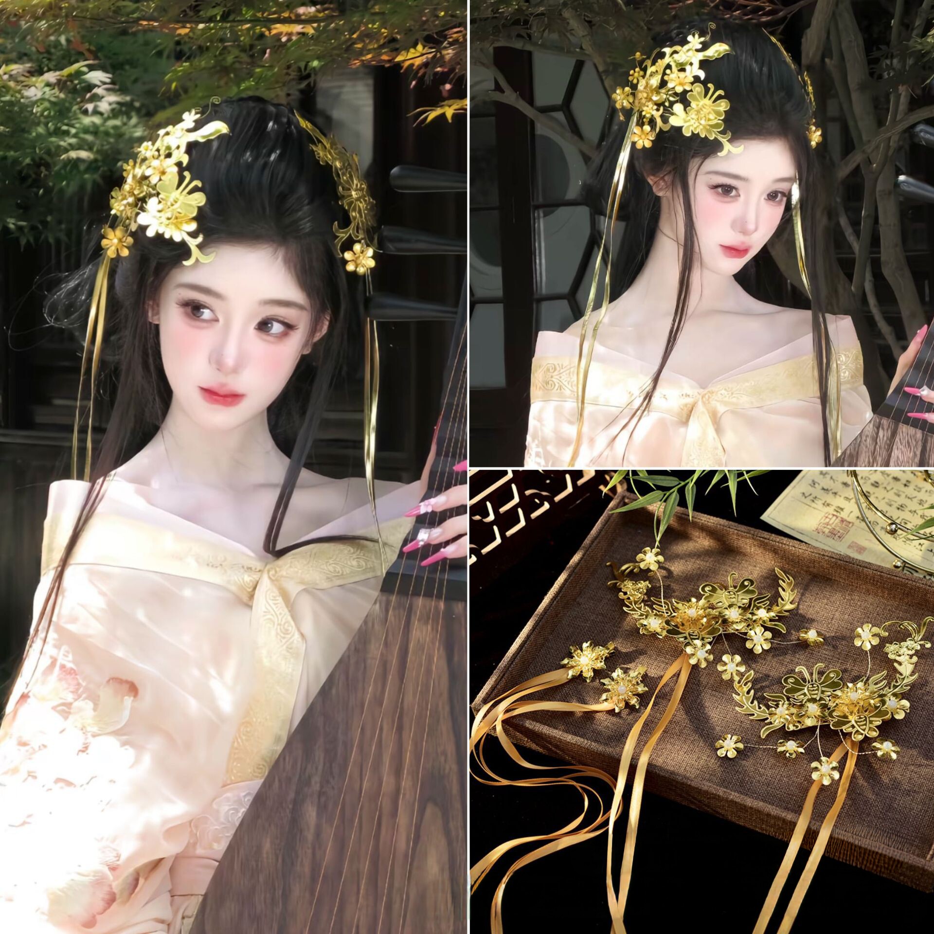刘亦菲虞姬同款边夹春华合金花片发夹超仙气清冷流苏金银富贵古装