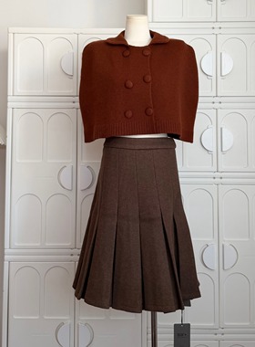 JAYKY YANG奥黛小姐双排扣羊毛翻领罩衫女罗纹针织百褶裙套装