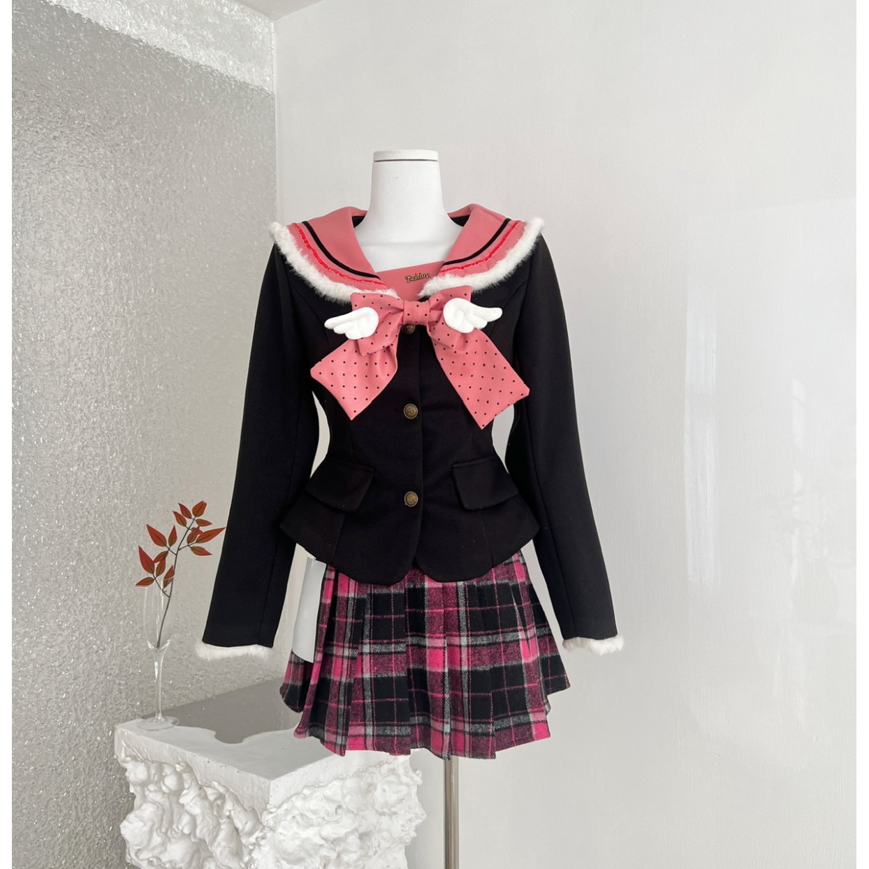 天使之芯 冬季加厚玫粉色蝴蝶结修身上衣+格子半身裙时尚套装JK